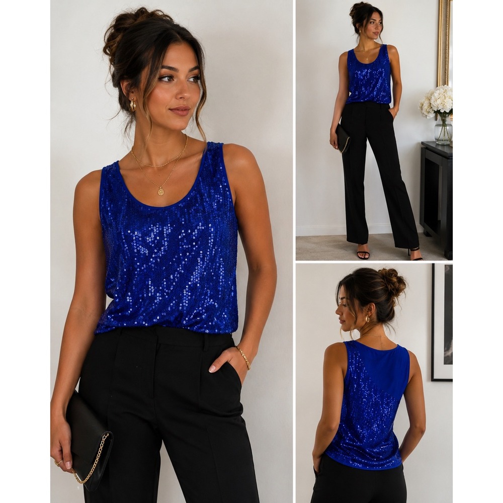 Covington Sequin Tank Top Womens Large Royal Blue Sleeveless Stretch Party